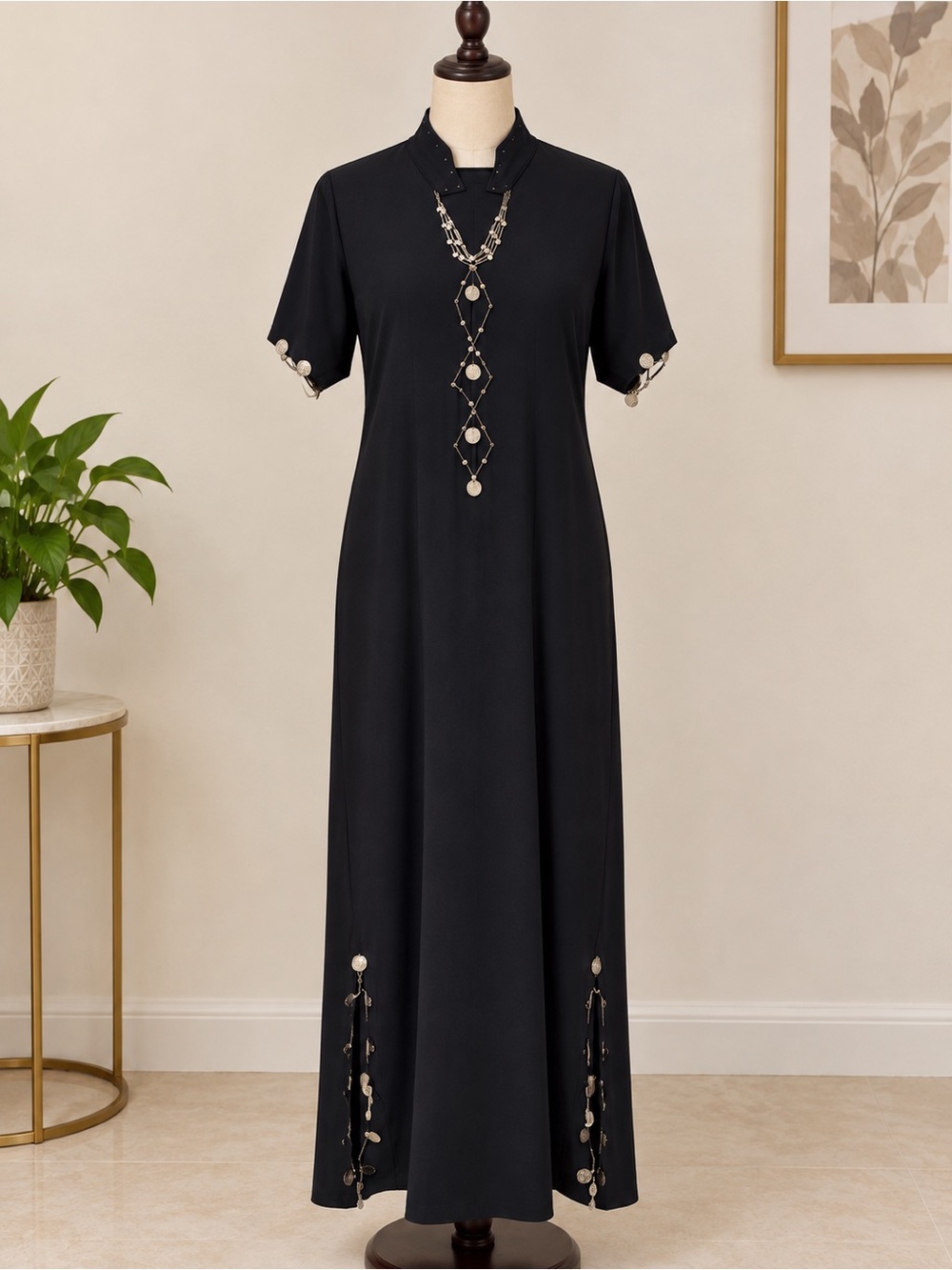 Classic Black Maxi Dress with Decorative Coin Trim